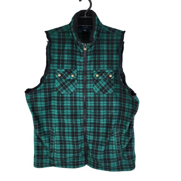 Womens Chaps Green & Black Plaid Sleeveless Vest Jacket Full Zip Size 1X - Picture 1 of 7
